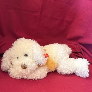 Ty White Shaggy Stuffed Dog with Gold Bow “Rabble”
